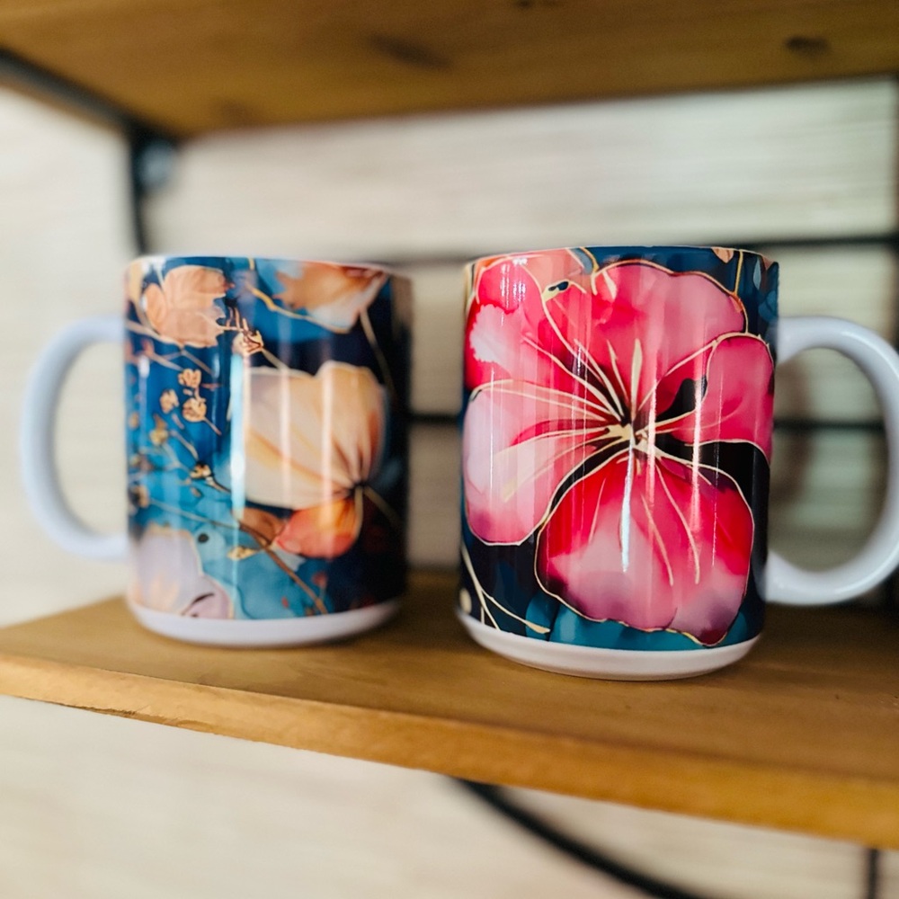 Floral Ceramic Mug Set - Blue and Pink